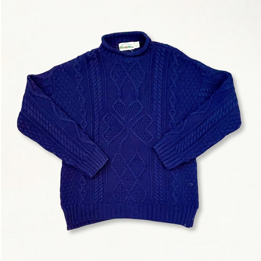 NWT Vintage Aran Crafts Ireland 100% Merino Wool Navy Chunky Cable Knit Sweater